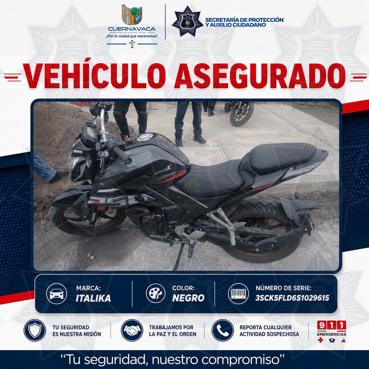 circulo_depoder's tweet photo. 🔴 ASEGURA SEPRAC MOTOCICLETA CON REPORTE DE ROBO Y DETIENE A UN HOMBRE EN LA COLONIA LA UNIÓN

Como parte de las acciones preventivas derivadas de la Marcha Exploratoria Intermunicipal, elementos de la Secretaría de Protección y Auxilio Ciudadano (#SEPRAC) aseguraron una motocicleta con reporte de robo y detuvieron a un hombre en la colonia La Unión.

Los hechos ocurrieron cuando los elementos policiales observaron una motocicleta de color negro cuyo conductor, al percatarse de la presencia de la autoridad, realizó una maniobra evasiva para cambiar de dirección.

Ante esta conducta, los policías le marcaron el alto mediante comandos verbales, indicación que fue acatada por el motociclista. Posteriormente, se llevó a cabo una inspección preventiva, sin localizarle objetos ilícitos; no obstante, durante la revisión de la unidad se detectó que presentaba alteraciones en sus medios de identificación.

Derivado de estos hechos, los elementos procedieron a la detención legal del conductor, identificado como Daniel "N", quien fue puesto a disposición del Ministerio Público. Asimismo, la motocicleta, con número de serie 3SCK5FLD6S1029615 y número de motor LC166FM519789Q4, quedó asegurada para el desarrollo de las investigaciones correspondientes.

La SEPRAC refrenda su compromiso de mantener acciones permanentes de prevención y vigilancia con los tres órdenes de gobierno para la detección de los infractores o imputados por hechos delictivos, con el objetivo de fortalecer la seguridad y la tranquilidad de las y los habitantes de #Cuernavaca.

#Morelos