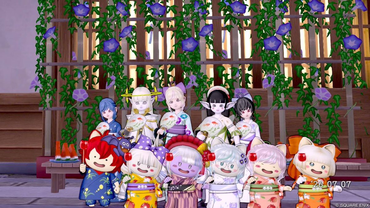 lacrima_dqx's tweet photo. 久しぶりにドラクエにログインして #こみかるルム のメンバーと七夕浴衣パシャ #OrderMade のメンバーとパシャ活してきた!!
特にOMの子たちと絡むのほんと久々だったから集まって写真撮れてすっごいうれしかった
みんなお写真ご一緒してくれてありがとん
どっちのルムも幽霊部員感が半端ない;; https://t.co/OuCMuewVNt