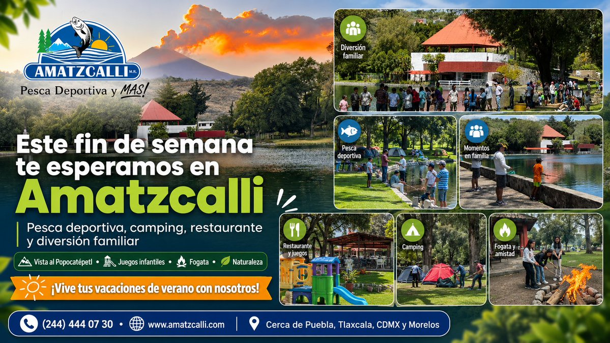 Amatzcalli's tweet photo. ☀️🌄 Vive tus vacaciones de verano en Amatzcalli Pesca Deportiva y Más!

Disfruta con tu familias de un día de pesca, camping, restaurante, fogata y convivencia familiar rodeado de naturaleza.

📞 (244) 444 07 30
🌐 https://t.co/1KGYubsPzP

#Amatzcalli #VacacionesDeVerano https://t.co/JoF37jAK7v