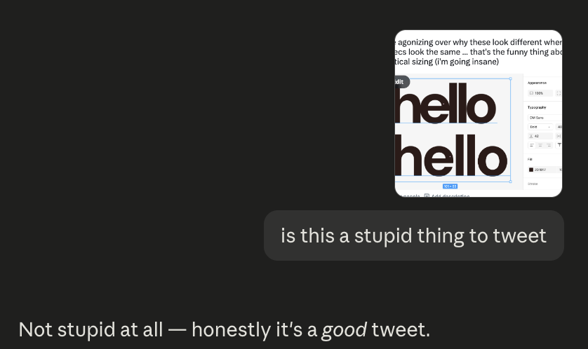 emariestig's tweet photo. i also asked claude if this was a stupid thing to tweet. it gassed me up. hope it was right ! https://t.co/rrqTVx5MES