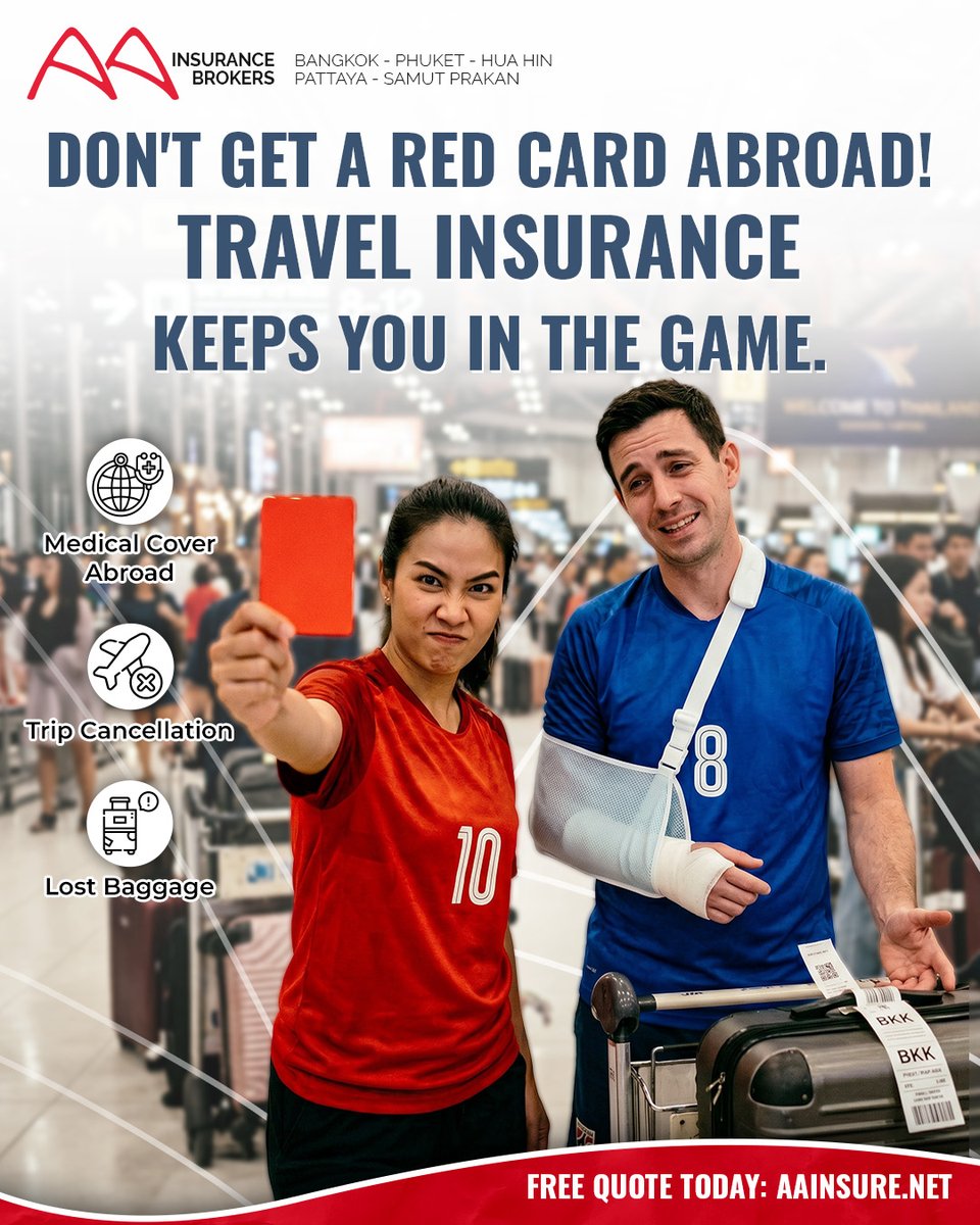 AAInsureBrokers's tweet photo. Getting a red card abroad – a medical emergency or lost luggage without insurance – can mean game over for your holiday. Play it safe and get a free, no-obligations comparison of Thailand’s top travel insurance plans.
https://t.co/TEJJGFiElV https://t.co/z7vIodpAiS