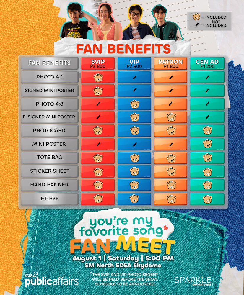 GMA_PA's tweet photo. KAILANGAN COMPLETE ATTENDANCE TAYO SA #YMFS FANMEET! 🩷💙💛💚

Samahan sina Heath Jornales, Marco Masa, Clifford at Caprice Cayetano ngayong AUGUST 1 sa SM North EDSA Skydome!

Tickets for the YOU’RE MY FAVORITE SONG FANMEET go on sale this July 15! 

Kita-kits! 

#YMFSFanMeet https://t.co/GYBNO8O8J0