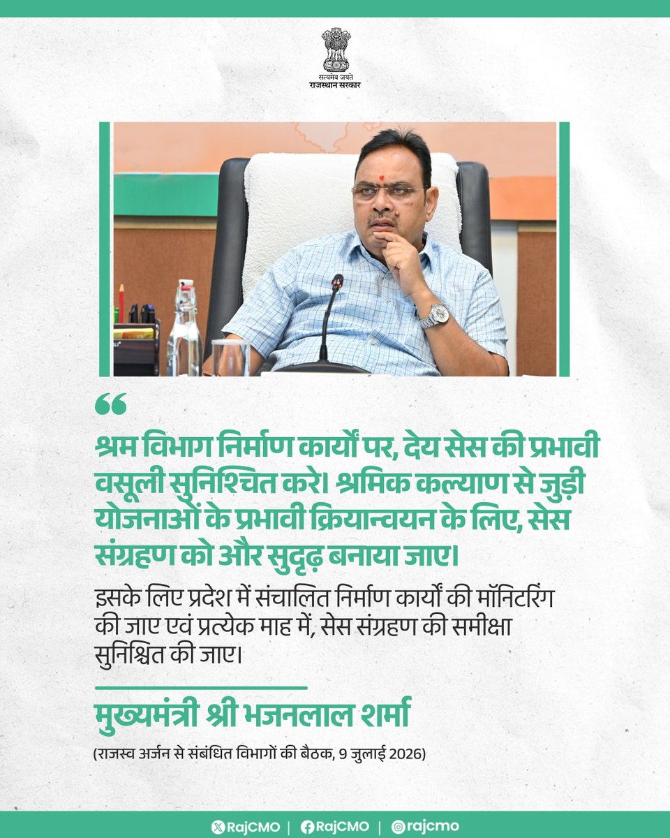 RajCMO's tweet photo. श्रम विभाग निर्माण कार्यों पर, देय सेस की प्रभावी वसूली सुनिश्चित करे।
@BhajanlalBjp
#आपणो_अग्रणी_राजस्थान https://t.co/U3O7YGT3D4