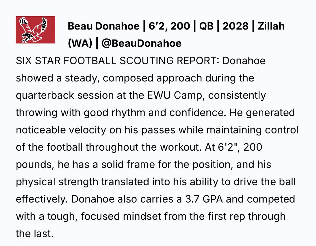 BeauDonahoe's tweet photo. Thanks for another write up @sixstarfootball. Had a great time at @EWUFootball Camp! https://t.co/zBdC7tLYBX