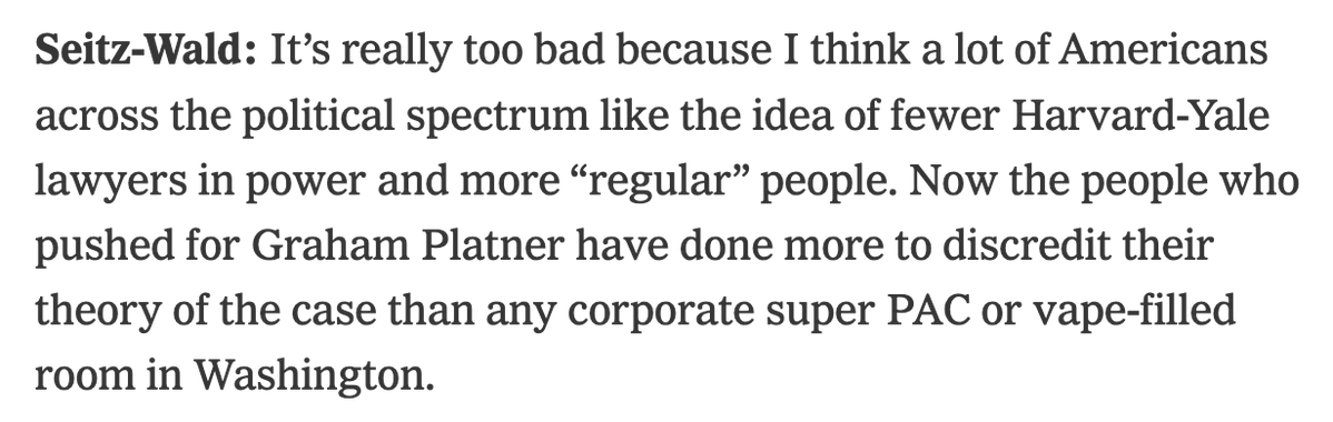 robkhenderson's tweet photo. People voted for the Oystergruppenfuhrer but not because they want more "normal" ppl (Platner far from "normal") or that they have anything against ivy league elites. They wouldn't even mind if such elites were actually worthy of the label. People think I’m anti-elite because of my luxury beliefs idea. I’m not anti-elite, I just want our elites to be better and I expect them to be better and know they are capable of being better. 

Elites are smarter in terms of raw IQ. But in terms of moral character, it’s more complicated. 

If moral character can be measured (I know it can’t, but for the sake of argument) on a scale from 1-10, you can expect ordinary non-elites people to behave at a 5, and they will generally meet your expectations. At least ordinary people behave as you expect them to. For elites, you want them to behave at an 8 or a 9, and they generally behave at closer to a 5 or a 6. About the same or perhaps slightly better than the typical person. But far short of what they could be and should be. Despite all that IQ and education. If their moral character were as good as it ought to be, then voters would have no issue backing them.
