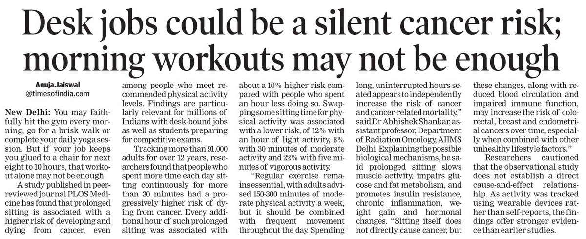 AnujaJaiswalTOI's tweet photo. You may faithfully hit the gym every morning, go for a brisk walk or complete your daily yoga session. But if your job keeps you glued to a chair for next eight to 10 hours, that workout alone may not be enough. A study published in peer-reviewed journal PLOS Medicine has found that #prolonged #sitting is associated with a higher risk of developing and dying from #cancer, even among people who meet recommended physical activity levels. Findings are particularly relevant for millions of #Indians with #desk-bound #jobs as well as students preparing for competitive exams. @timesofindia @ShankarAbhishek @aiims_newdelhi @MoHFW_INDIA