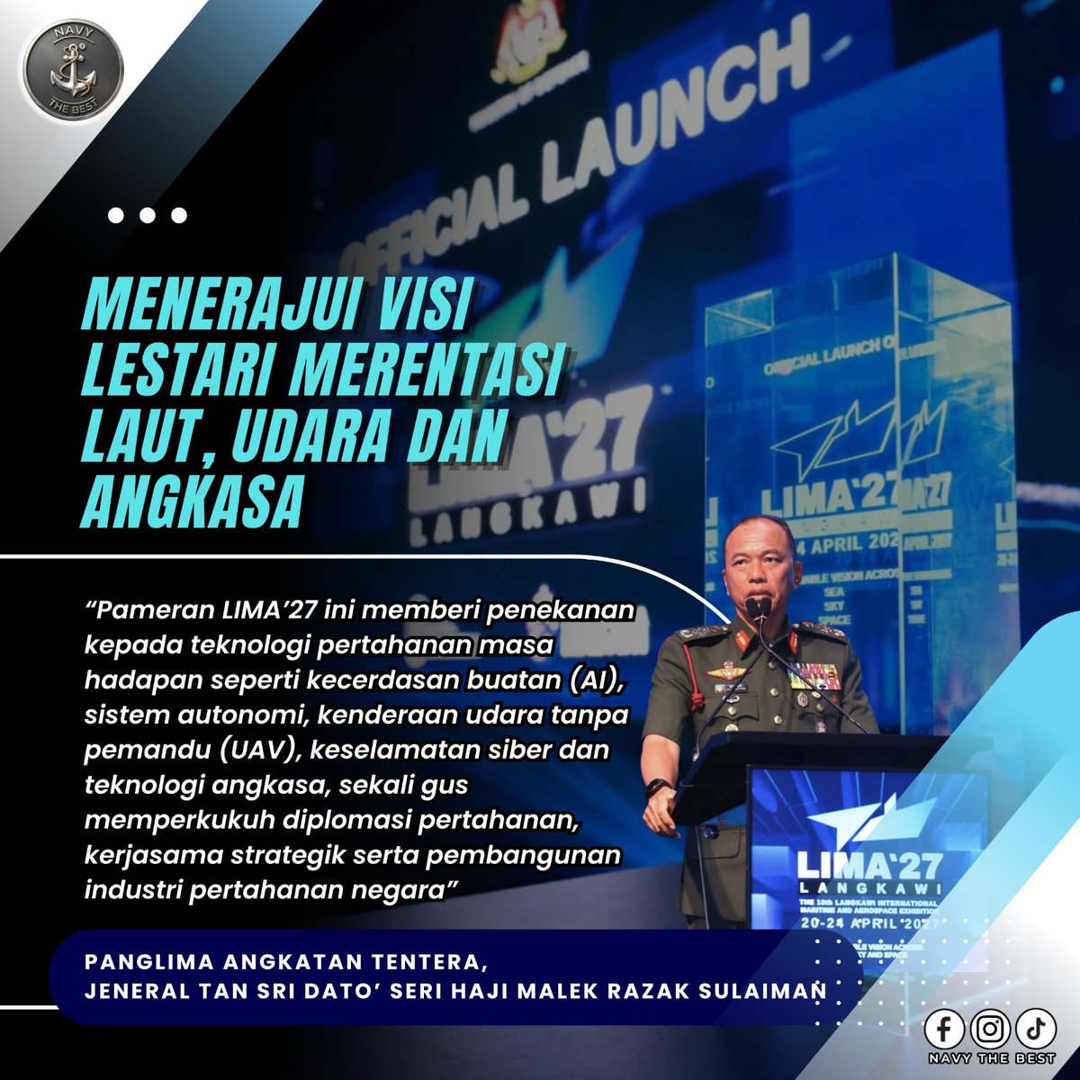 NavyTheBest2020's tweet photo. LIMA'27 bukan sekadar pameran aset pertahanan.
Ia melambangkan komitmen Malaysia untuk memperkukuh keupayaan ATM melalui teknologi seperti AI, UAV, keselamatan siber dan teknologi angkasa, di samping mengeratkan kerjasama strategik dengan negara-negara sahabat. https://t.co/LCQSspJqIL