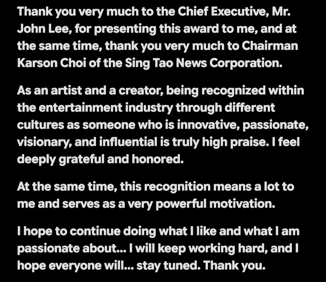 JacksonW852FanC's tweet photo. Jackson's Acceptance Speech
#JacksonWang #OutStandingLeader #HKPride
With Transcript https://t.co/PZOUkFRTn0