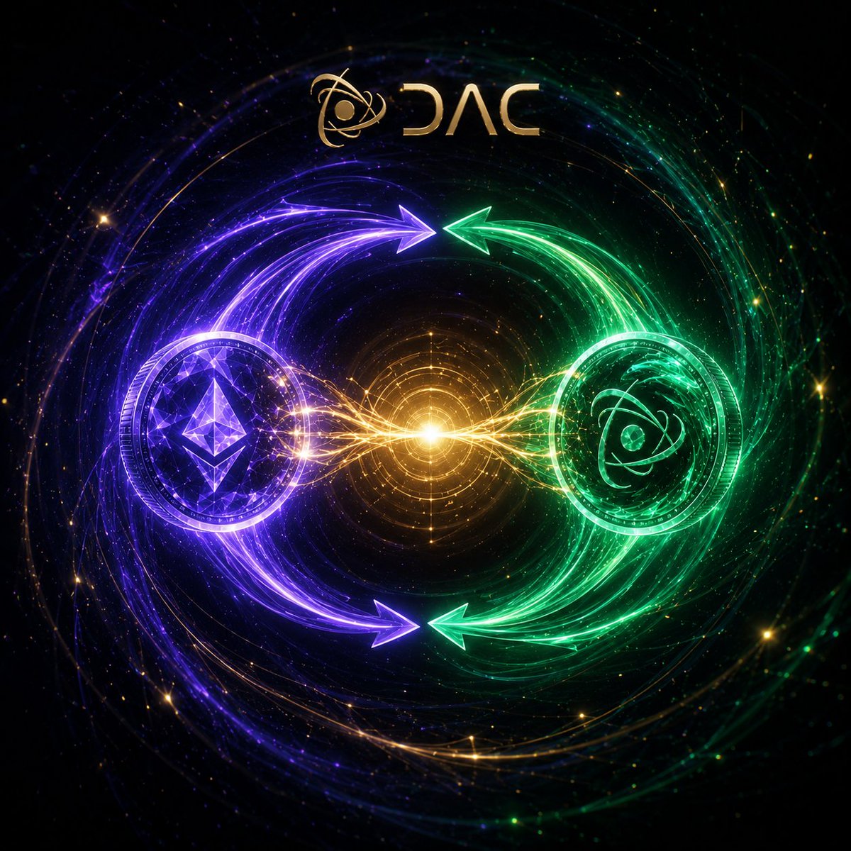 X_TrollFootball's tweet photo. Here's what makes the DAC dual-token model more than just "two coins":
They convert into each other  instantly, by design.
$DACT → $DACC
→ A node operator needs gas to run operations
→ Swaps DACT for DACC at the protocol level
→ Deploys DACC to power on-chain execution https://t.co/GmWuJiV9f7