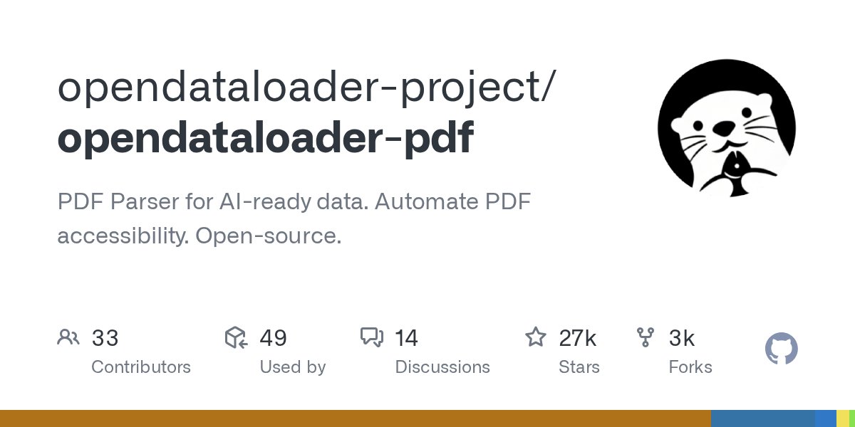 Repository card for OpenDataLoader PDF showing its focus on AI-ready PDF parsing and accessibility automation