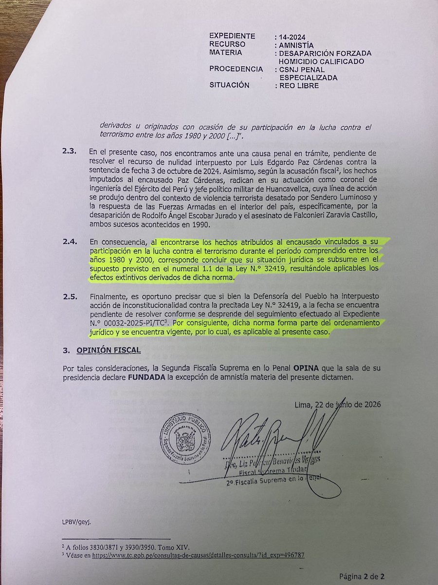 warriorperuvian's tweet photo. La Fiscal Suprema, Patricia Benavides, pide al Poder Judicial que aplique la ley N° 32419 ( ley de amnistia para miembros de PNP y FF.AA que lucharon contra el terrorismo) para el coronel de la PNP (R) Luis Paz Cardenas, preso por supuestamente por desapariciones forzadas en 1990 https://t.co/sT1Z7AaUcQ