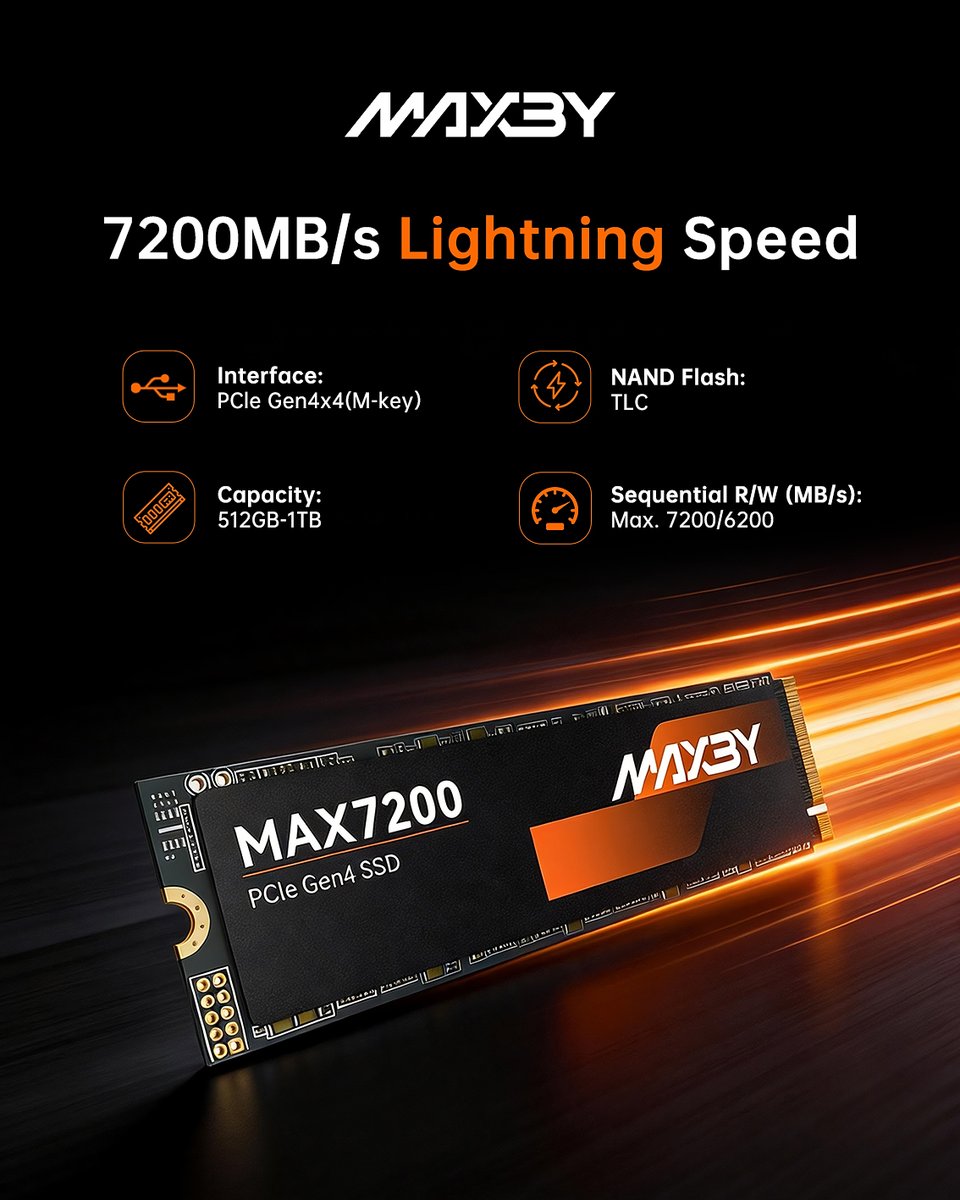 Maxbyofficial's tweet photo. Gen4x4. TLC. Up to 1TB. 7200/6200 MB/s.
Stop waiting. Start making.
MAX7200 SSD — queue. process. move on.
No throttling. No friction.
Just your projects, flowing without interruption.
Storage that stays out of your way. 💨
#MAXBY #SSD #NoWaiting #CreativeTech https://t.co/9DOMyXzznj