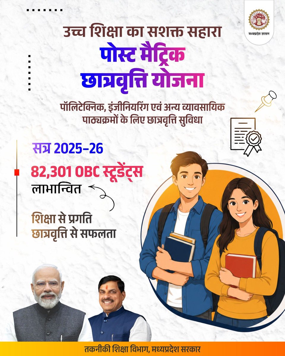 mintechnicalmp's tweet photo. #पोस्ट_मैट्रिक_छात्रवृत्ति_योजना

▶️ पॉलिटेक्निक, इंजीनियरिंग एवं अन्य व्यावसायिक पाठ्यक्रमों के लिए छात्रवृत्ति सुविधा

सत्र 2025–26
▶️ 82,301 OBC स्टूडेंट्स लाभान्वित

@DrMohanYadav51
@CMMadhyaPradesh
@Indersinghsjp 

#TechnicalMP
#JansamparkMP. https://t.co/brfrsSr68z