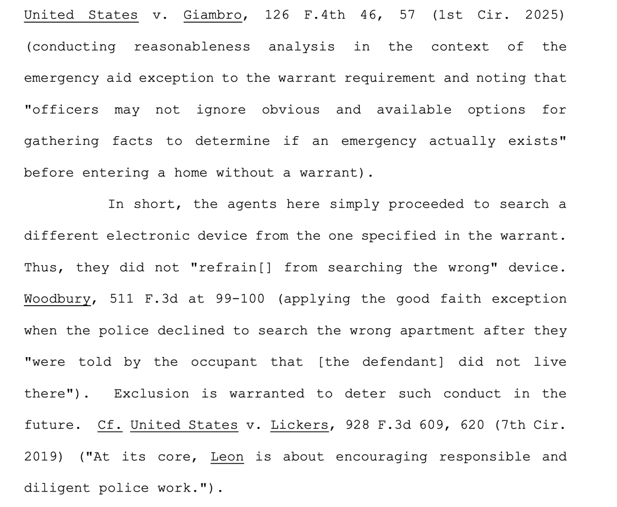 OrinKerr's tweet photo. Govt gets a warrant to search suspect's iPhone 6S for CSAM based on his t-mobile phone account being used for CSAM.  Officers spot man, take his phone—but it's an iPhone 13. Officers search the 13 anyway, find CSAM. CA1: Suppressed, no good faith.
https://t.co/4oPLMKxrO1 #N https://t.co/htckUaG6sP