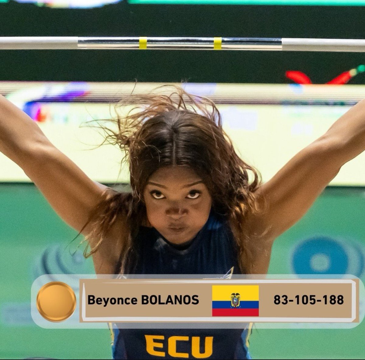 DeporteEc's tweet photo. La tricolor Beyoncé Bolaños, logró medalla de 🥉en el Campeonato Mundial Prejuvenil de Levantamiento de Pesas que se disputa en Colombia. 🏋️

Estableció un peso total de 188 kg, en la categoría 69 kg. 🇪🇨💪

Estados Unidos fue 🥇, y Filipinas 🥈.

📷 IWF https://t.co/Q6TEdOfNBc