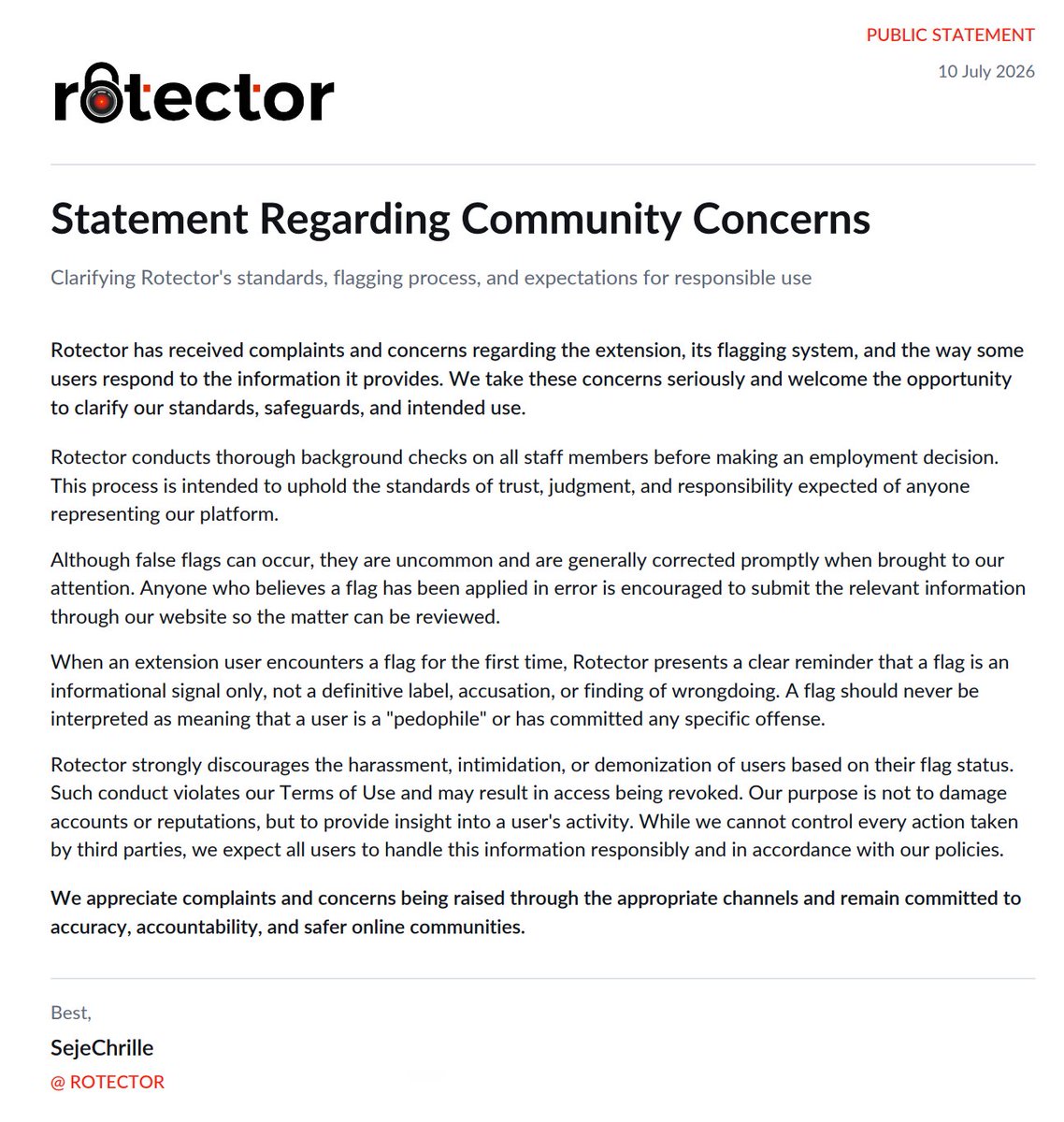 rotectorx's tweet photo. Official statement regarding community concerns. https://t.co/ONaJ9LZ16R