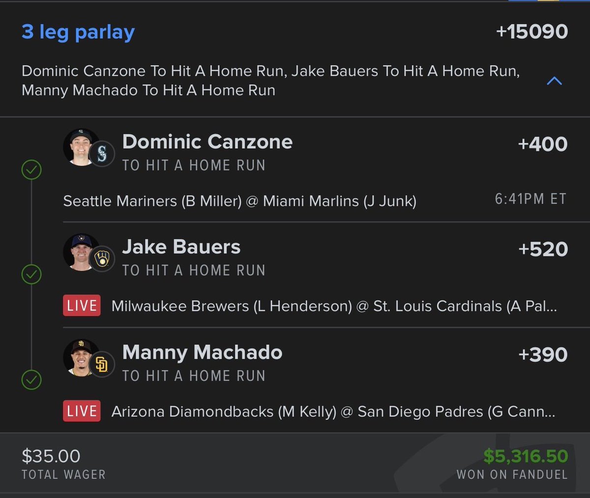 sliptogreen's tweet photo. Just cashed an absolute monster +15090 MLB home run parlay, turning $35 into $5,316! 💣⚾️

Get access to all our exclusive VIP picks today by clicking the link in my bio!
#SportsBetting #MLB #VIPicks #GamblingX #Parlay @Playbook https://t.co/I8HJU1XsSD