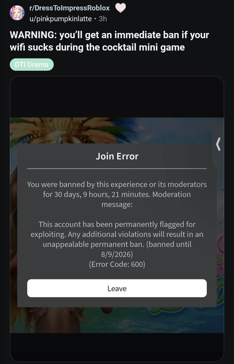 rubypnug's tweet photo. @TheDTINews here are a ss i got from someone. apparently people with bad wifi, while theyre playing the juice bar mini game they get banned for “exploiting” https://t.co/ClXoPD1LVO