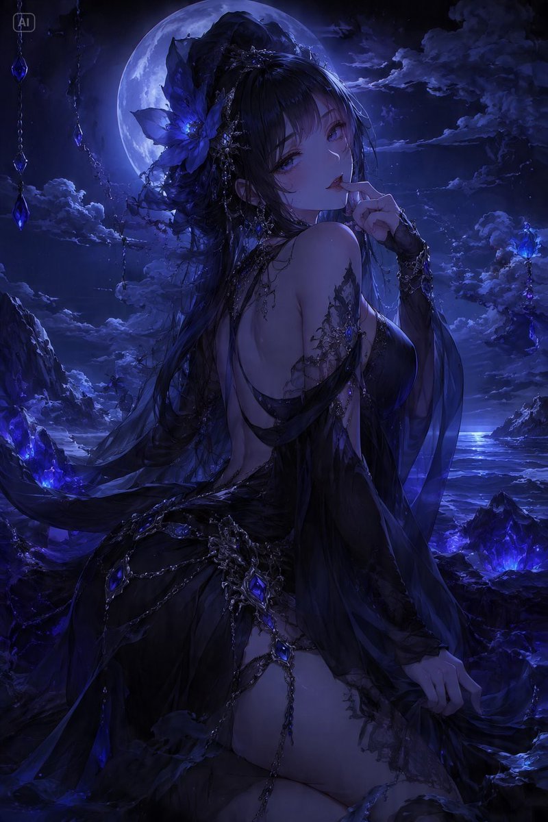 sto2001jp's tweet photo. @cryptomoon 二作目、
prompt↓

少し妖艶でダークなコケティッシュ少女、黒と深海ブルーの配色、幻雲が闇を纏い、海晶が不気味に光る、神秘的で魅惑的な雰囲気、月明かりの下、dark fantasy, seductive pose https://t.co/5xblASUfOG
