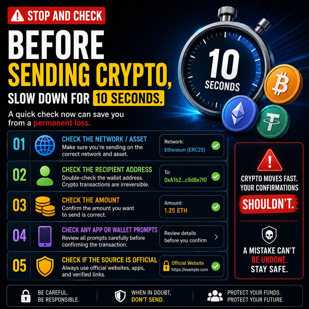 is9ice's tweet photo. 🚨 Before sending crypto, pause for 10 seconds.

✅ Check the network
✅ Verify the wallet address
✅ Confirm the amount
✅ Review wallet prompts
✅ Make sure you're using an official source

Crypto transactions are fast—but one mistake can be permanent. Stay safe. 🔐

 #Security https://t.co/rSB1fU1ftT