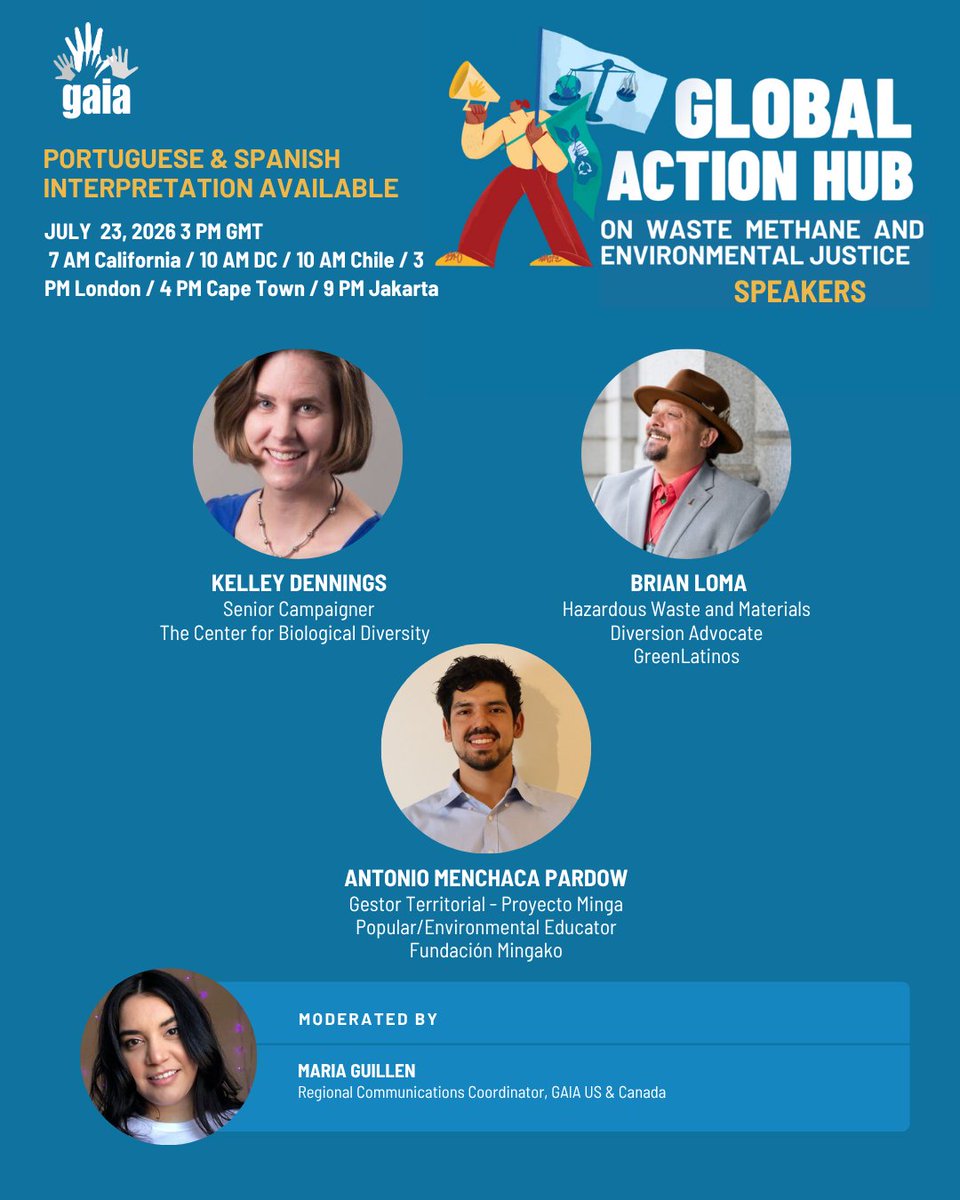 GAIAnoburn's tweet photo. [A continuación, el texto en español]

Meet our speakers!

Join the 8th Global Action Hub on Waste Methane and Environmental Justice meeting to know more about #zerowaste stories on-the-ground and hear from:
Antonio Menchaca Pardow, Fundacion Mingako
Brian Loma, GreenLatinos
Kelley Dennings, Center for Biological Diversity

📅 July 23, 2026 - 7 AM California / 10 AM DC / 10 AM Chile / 3 PM London / 4 PM Cape Town / 9 PM Jakarta
🖋️Register at https://t.co/yMqZO5nwqn

Spanish and Portuguese interpretations are available.
#EnvironmentalJustice #CutMethane #ClimateAction

----
¡Conoce a nuestros ponentes!

Únete a la 8.ª reunión del Centro de Acción Global sobre Metano Residual y Justicia Ambiental para conocer más sobre historias de #basuracero en el terreno y escuchar a:
Antonio Menchaca Pardow, Fundacion Mingako
Brian Loma, GreenLatinos
Kelley Dennings, Center for Biological Diversity

📅 23 de julio de 2026 - 7:00 a. m. (California) / 10:00 a. m. (Washington, D. C.) / 10:00 a. m. (Chile) / 3:00 p. m. (Londres) / 4:00 p. m. (Ciudad del Cabo) / 9:00 p. m. (Yakarta)
🖋️ Inscríbete en https://t.co/yMqZO5nwqn

Habrá interpretación al español y al portugués.