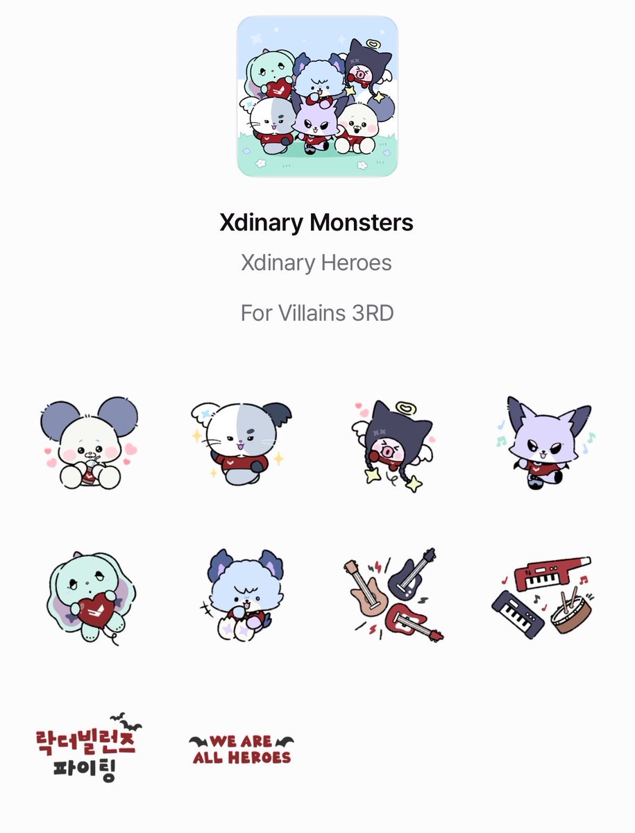 gaonfansite's tweet photo. aww look at the updated sticker pack for xdinary heroes on FANS 🥺 SO ADORABLE~ 

we got xdinary monsters stickers, their instruments unit (juljaengiez and an-juljaengiez) and the cheers!! 
“rock the villains fighting!” — “WE ARE ALL HEROES” 🤍 https://t.co/wMnbUPzgl4