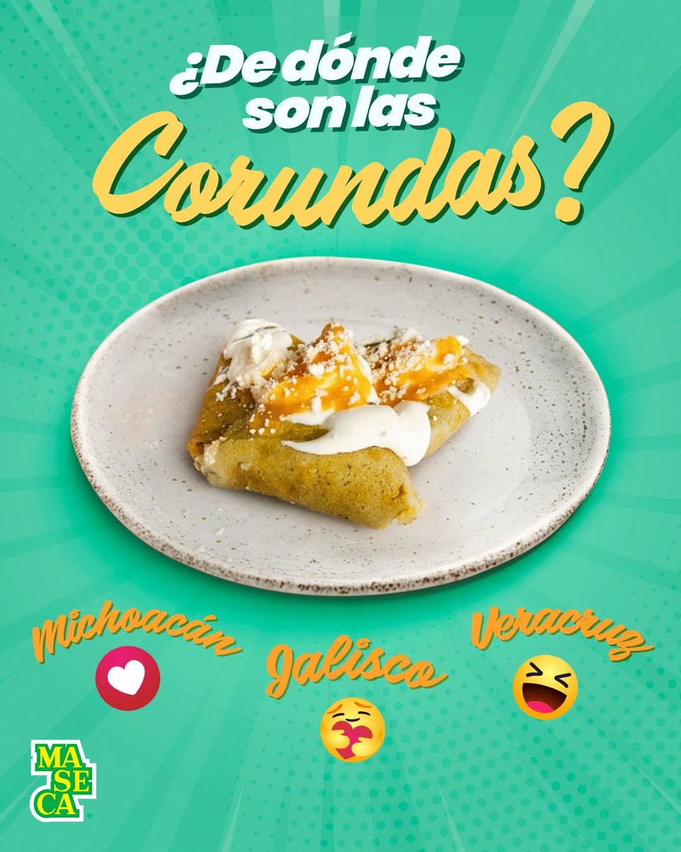 GrumaGlobal's tweet photo. ¡Pon tus conocimientos a prueba!

Comparte con Maseca de dónde son las deliciosas corundas. 🫔

#MASECA #MASECAtamal https://t.co/7CZdrYyNyM