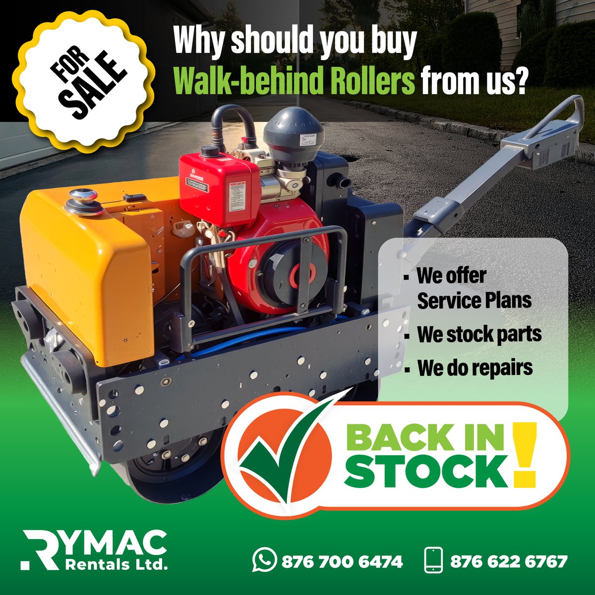 RymacRentals's tweet photo. Rymac has our popular Walk-behind Rollers back in stock! Get yours now, and you also get unbeatable service plans, spare parts, and repair support. Rymac's got your back! https://t.co/sTXks0Rz6L