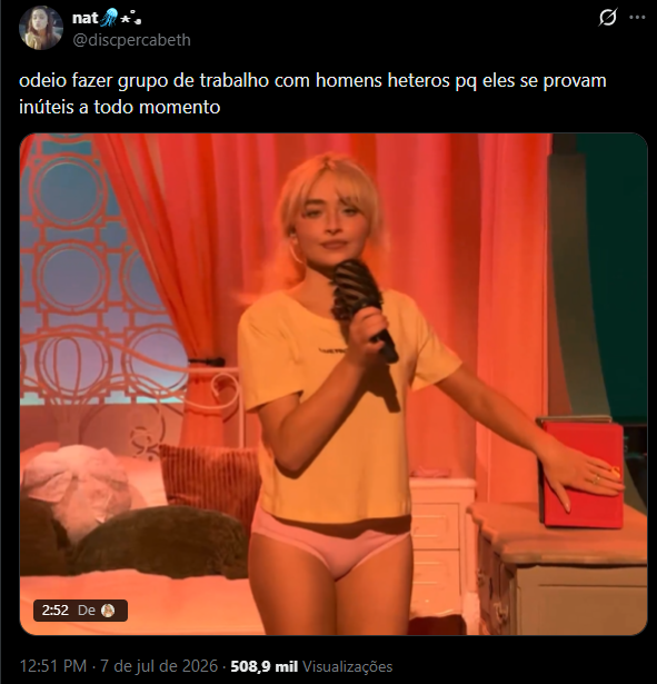 sekaiblackzone's tweet photo. VERDADES QUE NINGUÉM TEM CORAGEM DE FALAR: toda fã de Sabrina Carpenter ou de qualquer outra cantora pop são uma variante de um moleque redpill, mas vocês não estão preparados para essa conversa... https://t.co/E5VzX4zW67