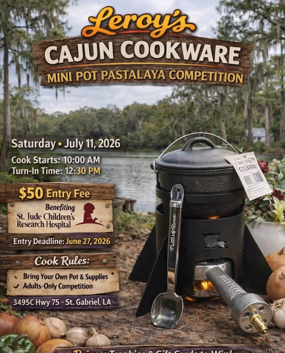 GoLeauxcal's tweet photo. This Saturday, some of Louisiana's best cooks will put their pastalaya recipes to the test.

Join Leroy's Cajun Cookware for the Mini Pot Pastalaya Competition on Saturday, July 11, in St. Gabriel, LA. Cooking starts at 10:00 AM, turn-in is at 12:30 PM, and awards will be presented at 1:30 PM. The competition benefits St. Jude Children's Research Hospital, with 100% of entry fees supporting an incredible cause.

Whether you're cheering on the competitors or just stopping by to enjoy the atmosphere, it's sure to be a great day celebrating Louisiana cooking, friendly competition, and giving back. After the competition, stick around for the after-party at The Pit Sports Bar and the Firefly Under the Moon Farmer's Market beginning at 4:00 PM.

Louisiana's Social Media

#OnlyOnLeauxcal #LouisianasSocialNetwork #creole #HowLeauxcalAreYou #cajun #leauxcal #acadiana