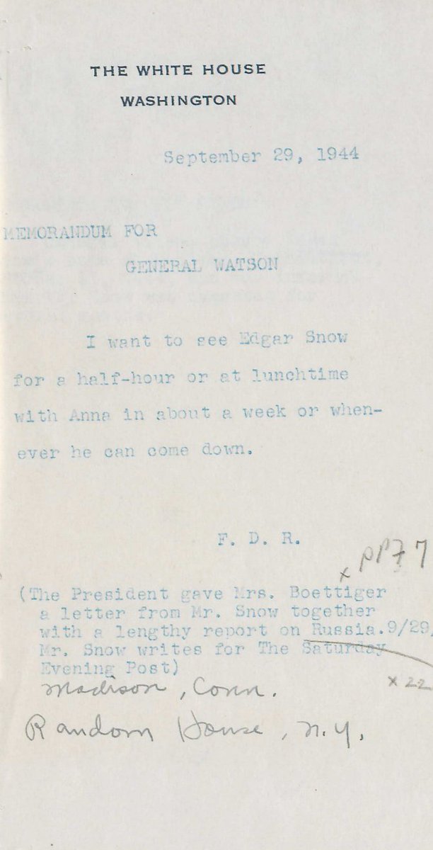 ZhaiXiang5's tweet photo. On July 13, 1936, yes, around this time 90 years ago, a young American journalist, introduced by Soong Ching-ling (宋庆龄), widow of Sun Yat-sen who founded the Republic of China, defied enormous political pressure from Chiang Kai-shek (蒋介石)'s government and broke through layer after layer of obstruction to reach a small place in northern Shaanxi called Bao'an (保安), now the County of Zhidan (志丹) under Yan'an (延安).

He had come to interview a group Chiang Kai-shek had branded as "bandits"-people outsiders were warned they might not come back alive from meeting.

That same day, he met Mao Zedong (毛泽东).

To him, Mao looked like Lincoln.

In the days that followed, the young American, Edgar Snow, interviewed Mao and other Chinese Communist leaders again and again. He and Mao talked deep into the night, many times, inside a cave dwelling that was far from spacious.

The next year, Snow published Red Star Over China.

It was not just a book of reportage. It was one of the first works to introduce Mao Zedong, the Chinese Communists, and their ideas to the outside world in a serious, direct, and vivid way.

The book caused a sensation around the world.

More importantly, it changed the way many people outside China understood the Chinese Communists.

He insisted on photographing Mao Zedong, and asked him to put on a Red Army cap (top left). But Mao's own cap was old, soft, and collapsed out of shape. So Snow took off the brand-new military cap from his own head and placed it on Mao's.

It fit perfectly.

Snow kept that cap for the rest of his life. After his death, his family donated it to the National Museum of China.

In 1937, when Snow's wife went to Yan'an for interviews, she brought the photograph to Mao. Looking at it, Mao laughed and said:
"I never imagined that someone as untidy as me could look this good in a photograph. Thank you, Comrade Snow."

That photograph would later become one of the most iconic images of Chairman Mao, known in almost every Chinese household.

Yet most people still do not know it was taken by an American.

Red Star Over China did not merely record history. It changed history. Snow mattered not because he sympathized with the Chinese revolution, but because he entered northern Shaanxi as a true journalist-curious, skeptical, and professionally alert.

For so many readers, the most convincing thing was never that "he liked China." It was that he saw China, and was willing to tell the world honestly what he had seen.

At the beginning of 1941, Chiang Kai-shek was not only fighting the Japanese. He turned his guns on his nominal allies-the Communist-led forces. Snow reported the truth in the New York Herald Tribune.

Chiang got furious. Snow's press credentials were revoked. In February, he was forced to leave China and return to the United States.

Chiang's sister-in-law, Soong Ching-ling personally came to the airport to see him off. "You will come back. We think of you as a younger brother. You belong to China."

Snow replied that his body was leaving, but his heart remained in China. On February 24, shortly after Snow returned to the United States, he was received by President Franklin D. Roosevelt at the White House.

FDR greeted him with humor: I came to know you by reading Red Star Over China. You must be quite a China hand by now. Today, I'd like to be the reporter and interview you. How does that sound?”

Snow was disarmed by the president's warmth and ease.

Roosevelt asked what was really happening in China and how did the Chinese people think of Americans.

Snow answered that Chiang Kai-shek was a dictator-intelligent, but incapable. Chiang did not understand what the Chinese people truly needed, nor did he know how to govern for them.

In this, Snow said, Chiang was very different from Mao Zedong. China was an agricultural country. Peasants made up the overwhelming majority of its people. A man who did not understand the peasants could not govern China.

As for the Communist-led army, Snow told Roosevelt he had never seen a more heroic force: Their morale remained high. From generals to ordinary soldiers, they were confident of victory. Compared with the US military, their material conditions were almost nothing. But they had their own strategy and tactics. Their guerrilla warfare left the Japanese constantly on edge.

Roosevelt listened closely, and agreed.

In May 1944, during his second meeting with Edgar Snow, Roosevelt told him that promoting reconciliation between the Nationalists and the Communists had become an established policy of the United States.

Washington, FDR said, would also send a military observer mission to Yan'an.

On September 29 that same year, Roosevelt told his aides that he hoped to meet Snow again, or have lunch with him soon (top right). On October 11, the White House called Snow's home, only to learn that he was abroad.

In early March 1945, Roosevelt met Snow for a third time.

He told Snow that the United States intended to elevate China's international status, placing it alongside the United States, Britain, and the Soviet Union, because China was too important, and America could not afford to lose China.

He also told Snow that the American observer mission in Yan'an had been treated with courtesy and respect, and that Washington was considering direct assistance to the Chinese Communists.

A little more than a month later, Roosevelt died suddenly.

As I have written before, FDR had a remarkably favorable impression of the Chinese Communists. He had even corresponded with Mao Zedong. His conversations with Snow also reveal a little-known but strikingly perceptive judgment about China.

Had Roosevelt lived longer, the history of China-US relations might have taken a very different path. Then came Truman, and he messed it all up.

MacArthur would later discover that he, too, could be Trumaned.

The Chinese never forget an old friend. In 1951, just two years after the CPC came to power in China, the Chinese government wrote to Edgar Snow, inviting him to visit and offering to cover his travel expenses.

Snow declined. He believed that accepting money might compromise the objectivity of his reporting.

In 1960, Snow finally returned to China for a visit that lasted nearly five months. On October 1, the National Day, he stood atop Tiananmen.

When he met Mao Zedong again, Mao greeted him:
"Long time no see."

Snow replied:
"Twenty-one years."

Then he joked: since then, your cave dwelling has expanded quite a bit.

Mao answered:
"But you and I have not changed."

Snow looked around and said:
"But China has changed completely."

On October 22, Mao invited Snow to his home at Zhongnanhai (中南海) for dinner (bottom left). The two men ate together and talked for nine hours.

Mao told him this was the first time since 1949 that he had spoken with an American.

China was going through a period of great hardship at the time. Snow noticed that Mao left the meat for his guests, while eating none himself.

But during that trip, what struck Snow most was not Mao. Not Tiananmen. It was an ordinary Chinese college student.

Her surname was Jiang.

She asked Snow: The United States has 200 military bases overseas. Why do young Americans tolerate this?

Snow's response was to prevent Communist invasion.

The young woman looked at him and asked, word by word:
"Have the Communists occupied Hawaii?"
"Have Chinese planes flown over American skies?"
"Have Chinese troops marched into Canada or Mexico?"

Snow fell silent. More than sixty years later, those three questions still hit hard.

In 1964, Snow visited China again. On January 9 the following year, Mao Zedong invited him to dinner at the Great Hall of the People. History has a funny way of rhyming: President Trump also came to China this May, and both Zhongnanhai and the Great Hall of the People were once again part of the story.

By then, China-US relations were already extremely tense. But Mao told Snow that he regretted the historical forces that had cut off contact between the Chinese and American peoples. But Mao did not believe the two countries would ultimately go to war, which Mao defined as one of the greatest tragedies in history.

Mao also told him that there was still hope for improving relations between the two countries. But it would take time.

In the summer of 1970, Snow came to China for the last time.

This time, he returned to Yan'an and revisited the cave dwelling where he had first met Mao. That was also where their friendship began.

On October 1, 1970, Mao reviewed the National Day parade from Tiananmen Gate.

Snow not only stood on the tower. He stood right beside Mao (bottom right).

Close to two months later, the photograph appeared on the front page of People's Daily, on the day before Mao's birthday.

At a time when China and the United States were locked in Cold War rivalry, yet quietly searching for rapprochement, this was a signal.

A signal sent to one man far away in Washington: Richard Nixon.

Most of the world did not understand it. Kissinger did.

On December 18, Mao and Snow met for the last time.

They had breakfast together and talked for five hours.

Mao told him this was not an interview. It was a conversation between old friends.

He said he had read Snow's reports, including those with which he disagreed. But he did not expect everyone to agree with him on everything.

"You have the right to keep your own views," Mao told him, "and to make your own independent judgments."

That was what made Snow different from many foreign observers. He neither demonized China nor romanticized it. What he tried to do was understand why China had become what it was.

He was not a foreign friend who only praised China. He had his own judgment. He kept his right to criticize.

China respected him not because he always agreed with China, but because he endeavored honestly to understand it.

During that meeting, Mao also revealed to Snow that he was prepared to invite Nixon to Beijing.

At that moment, only four months remained before Ping-Pong diplomacy would break the ice between China and the United States.

Only one year and two months remained before Nixon would set foot in Beijing. And only one year and two months remained before Edgar Snow would leave this world.

In 1971, Edgar Snow was diagnosed with pancreatic cancer in Switzerland.

Mao Zedong invited him to come to China for treatment, promising that he would receive the country's best medical care available. China even prepared a carefully arranged hospital room for him, along with first-class plane tickets for his entire family.

Snow declined the invitation. But China still sent a medical team to Switzerland to care for him.

They did more than treat his illness. They prepared a special diet for him, cooked the Chinese food he loved, and sat with him in conversation, doing everything they could to bring this old friend a little less pain, and a little more warmth, in the final days of his life.

On February 15, 1972, Edgar Snow passed away.

Less than a week later, Nixon arrived in China. Snow did not live to see the ice between China and the United States finally break.

But in truth, he had already helped break it. From Roosevelt to Nixon, Snow stood in one of the most difficult and most necessary places in the world: between China and the United States.

His life proved that history is not changed only by presidents, generals, and diplomats. It is also changed by those willing to cross through prejudice, enter unfamiliar lands, and tell the truth about what they see.

He helped the world see China more honestly. And he helped China remember an American who truly wanted to understand her.