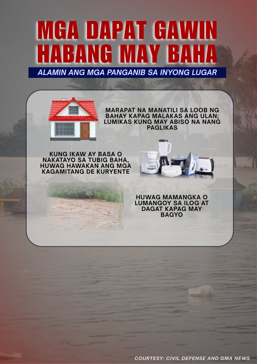 dzbb's tweet photo. #๐๐ฅ๐๐ฆ๐๐ฒ๐จ๐๐: Dahil sa mga malalakas na pag-ulan na dulot ng bagyong #IndayPH at habagat, narito ang mga dapat ninyong tandaan ๐๐๐ ๐จ, ๐ก๐๐๐๐ง๐ at ๐ฉ๐๐ ๐ค๐๐ญ๐๐ฉ๐จ๐ฌ ng baha.
#IndayPH #BantayBagyo #IAmReady https://t.co/pnIliDusEt