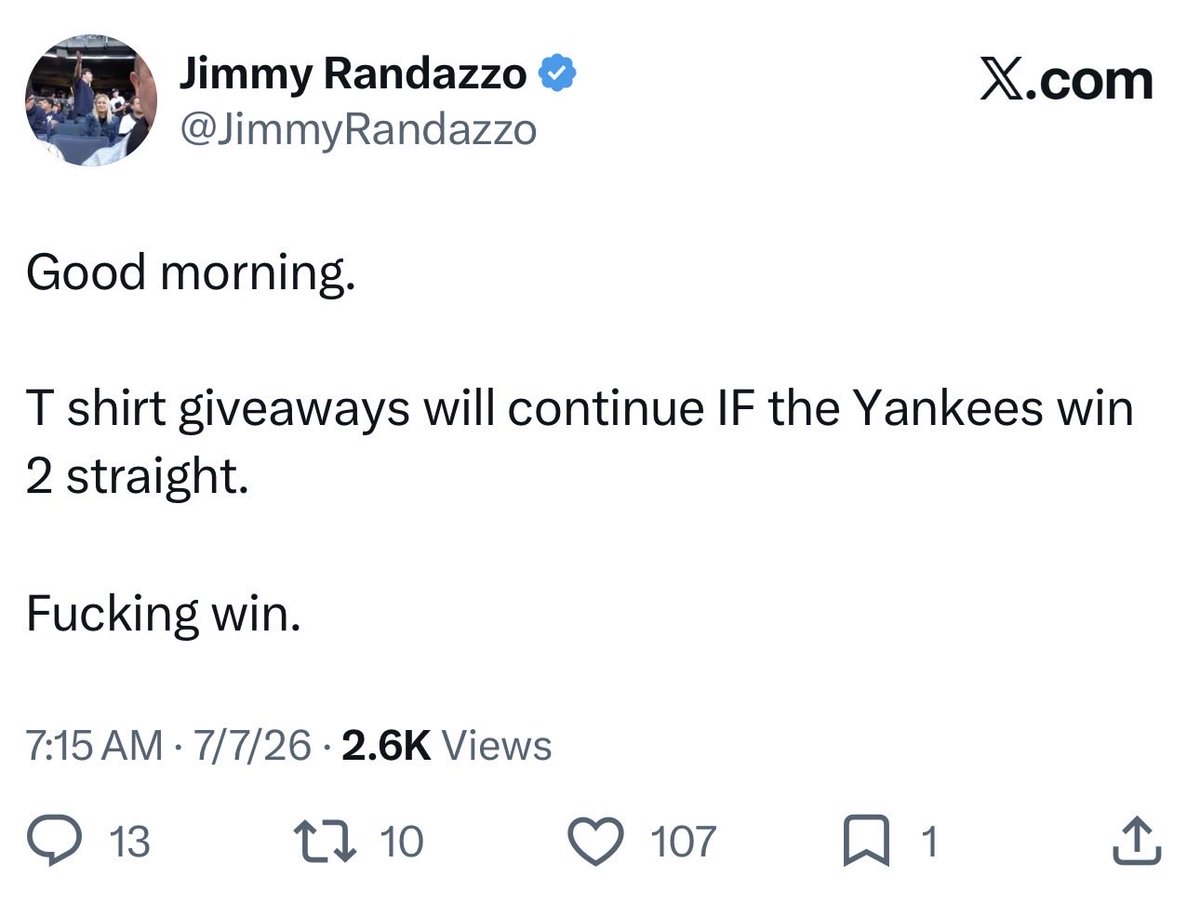 RobbieDobbieNYC's tweet photo. @JimmyRandazzo A win tomorrow would make 2 in a row. Let’s go Yankees https://t.co/RUjA3Pbw8N