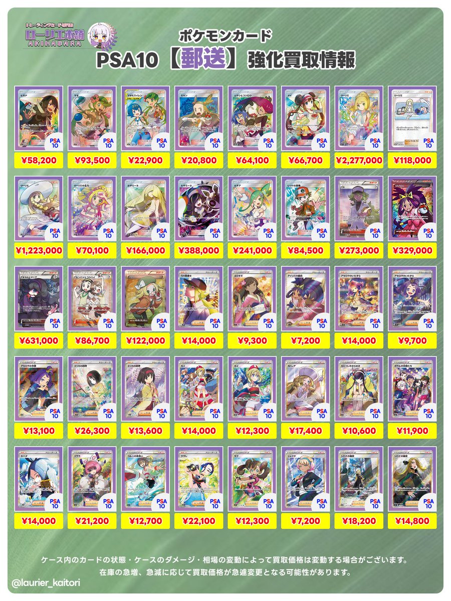 laurier_kaitori's tweet photo. 7/10(金)📮【郵送】ポケカ強化買取表①📣

🟢ローリエ本舗郵送買取🟢

🔻買取表はリプ欄に続きます🔻

『ニンジャスピナー・ムニキスゼロ・スタートデッキ100・MEGAドリームex・サポート』

DMに写真を送るだけで、無料査定✨
画像以外のPSA10も買取していますので、お気軽にDMください‼️

※ケース・カードの状態や在庫状況により、買取価格が変わる場合がございます。

#ポケカ
#郵送買取