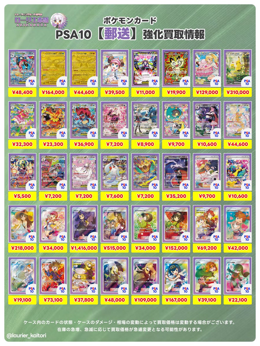 laurier_kaitori's tweet photo. 7/10(金)📮【郵送】ポケカ強化買取表①📣

🟢ローリエ本舗郵送買取🟢

🔻買取表はリプ欄に続きます🔻

『ニンジャスピナー・ムニキスゼロ・スタートデッキ100・MEGAドリームex・サポート』

DMに写真を送るだけで、無料査定✨
画像以外のPSA10も買取していますので、お気軽にDMください‼️

※ケース・カードの状態や在庫状況により、買取価格が変わる場合がございます。

#ポケカ
#郵送買取