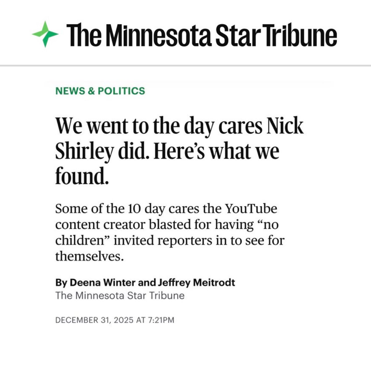 GrageDustin's tweet photo. Your reminder that Minnesota’s largest newspaper responded to @nickshirleyy exposing daycare fraud by running cover for Tim Walz.

Now those same fraudsters are being investigated and convicted.

Another indictment of Minnesota’s media for letting the fraud continue this long. https://t.co/fIdd880rsO