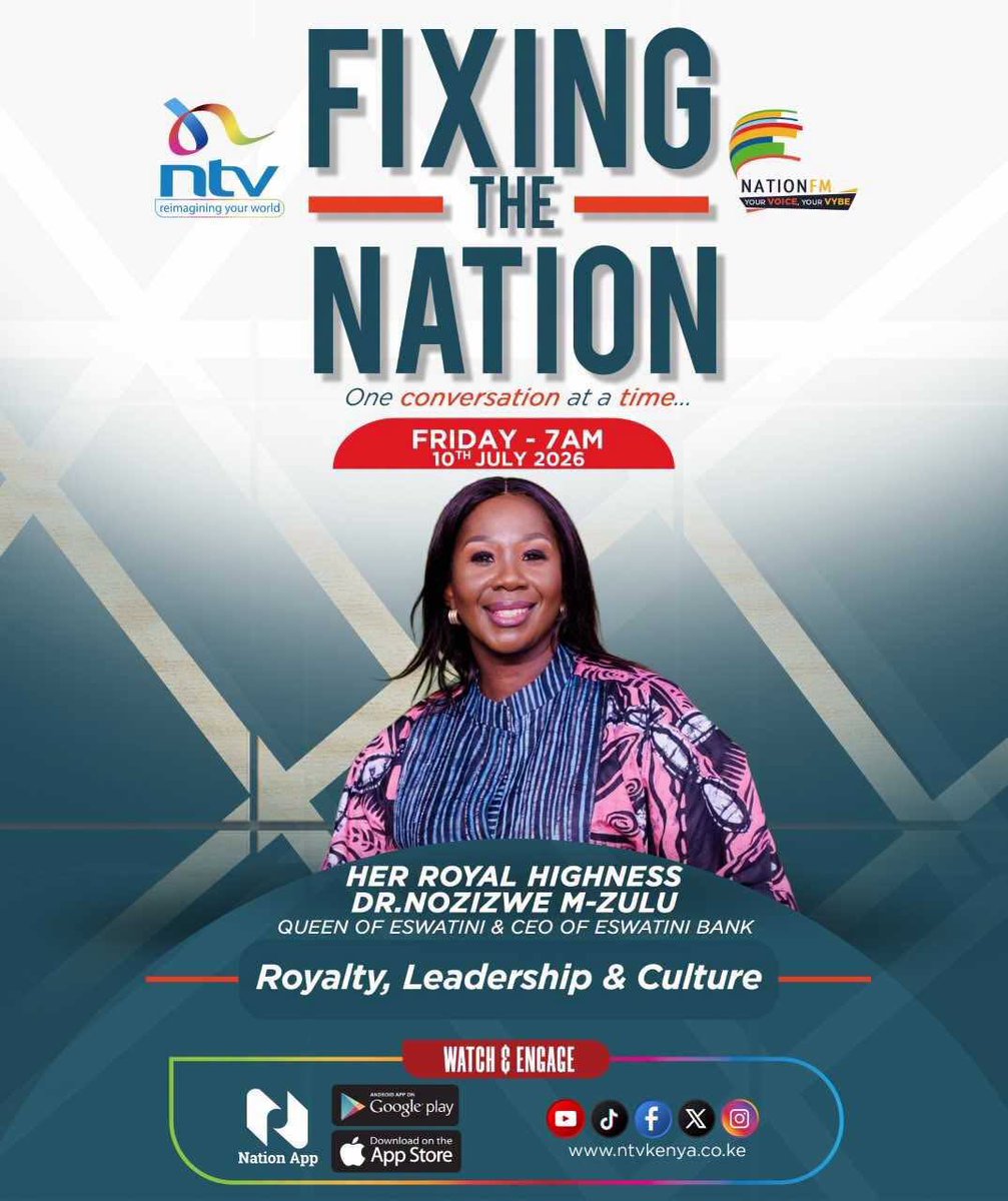 ntvkenya's tweet photo. A chat with Her Royal Highness Dr Nozizwe M-Zulu, Queen of Eswatini &amp; CEO of Eswatini Bank. 

7am on #FixingTheNationNTV 
Livestream on the Nation App, YouTube, X and Facebook. 

@NationFmKE @EricLatiff @MariamBishar @blinkypenguin https://t.co/2pv715sk82