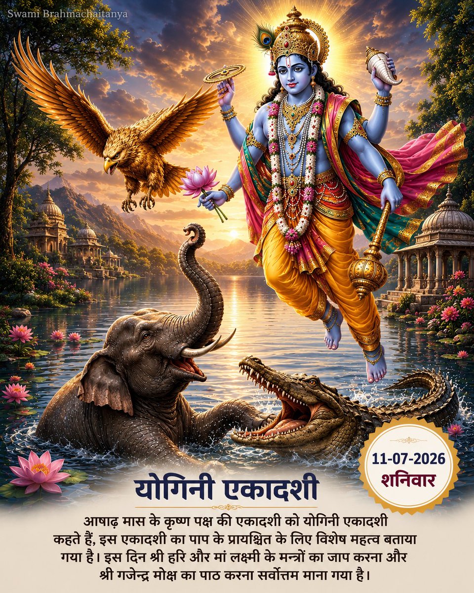 Brahmchaitanya's tweet photo. 🗓️ योगिनी एकादशी: 11 जुलाई 2026, शनिवार 
🗓️ पारण: 12 जुलाई 2026, रविवार , सूर्योदय के पश्चात् 

आषाढ़ कृष्ण पक्ष की योगिनी एकादशी भगवान श्रीहरि विष्णु को समर्पित अत्यंत पुण्यदायिनी तिथि है। शास्त्रों में इसे पापों का क्षय करने वाली, मन को निर्मल बनाने वाली तथा भक्ति, संयम और सदाचार को पुष्ट करने वाली एकादशी कहा गया है।

प्रातःकाल स्नान कर भगवान श्रीविष्णु का ध्यान करें और व्रत का संकल्प लें। श्रीहरि को तुलसी दल, पीले पुष्प, चंदन, अक्षत, फल एवं नैवेद्य अर्पित करें। श्रद्धापूर्वक “ॐ नमो भगवते वासुदेवाय” मंत्र का जप करें तथा योगिनी एकादशी व्रत कथा, विष्णु सहस्रनाम, भगवद्गीता अथवा श्रीमद्भागवत का पाठ-श्रवण करें।

इस दिन अपनी सामर्थ्य के अनुसार अन्न, जल, वस्त्र, छाता, जूते अथवा अन्य आवश्यक वस्तुओं का दान करना विशेष पुण्यदायी माना गया है। यह व्रत केवल उपवास का नहीं, बल्कि इन्द्रियनिग्रह, करुणा, सेवा और भगवान के स्मरण का भी पर्व है।

शास्त्र प्रमाण

एकादश्यां निराहारो यो भुङ्क्ते द्वादशीदिने।
विष्णुलोकमवाप्नोति सर्वपापैः प्रमुच्यते॥
— पद्मपुराण, उत्तरखण्ड (एकादशी माहात्म्य)

भावार्थ: जो श्रद्धापूर्वक एकादशी का व्रत रखकर द्वादशी को विधिपूर्वक पारण करता है, वह भगवान विष्णु की कृपा प्राप्त कर पापों से मुक्त होता है।

योगिनी नाम सा प्रोक्ता सर्वपापप्रणाशिनी।
भुक्तिमुक्तिप्रदा नॄणां विष्णुभक्तिविवर्धिनी॥
— ब्रह्मवैवर्त पुराण, एकादशी माहात्म्य

भावार्थ: योगिनी एकादशी समस्त पापों का नाश करने वाली, भोग और मोक्ष प्रदान करने वाली तथा भगवान विष्णु की भक्ति को बढ़ाने वाली कही गई है।

मंत्र:
ॐ नमो भगवते वासुदेवाय। 🙏🌼

~ Swami Brahmachaitanya