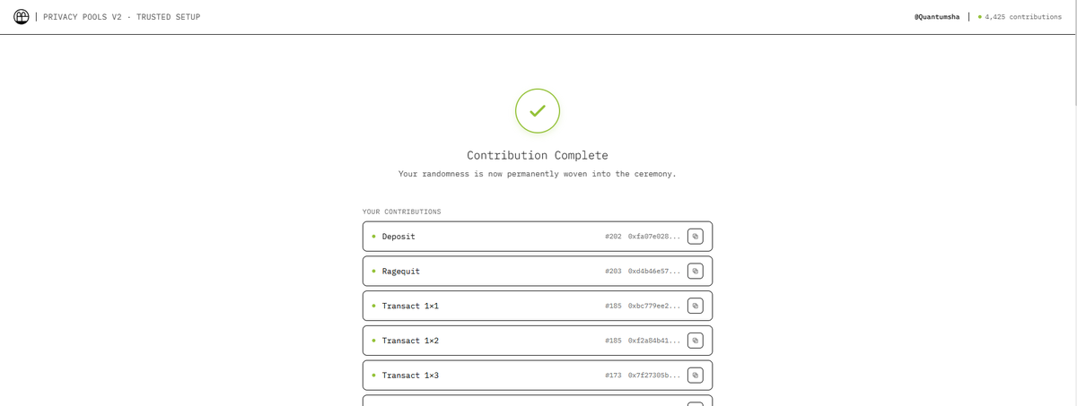 zkQuantum's tweet photo. I just contributed to the Privacy Pools V2 Trusted Setup Ceremony 🔒
It's effortless and helps secure the future of privacy on Ethereum!
Participate at: https://t.co/BEwT7CWGNH https://t.co/8SA9Qcoesb