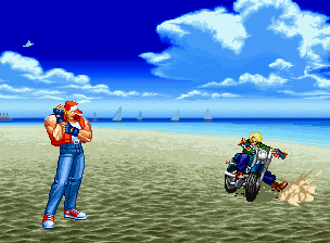 SNKPofficial_jp's tweet photo. 今日は #海の日 🌊

『REAL BOUT 餓狼伝説 SPECIAL』ビーチステージでの
テリーとブルー・マリーの1シーン✨

海をバックにバトルの準備はOK？ https://t.co/4o6ddQLNaw