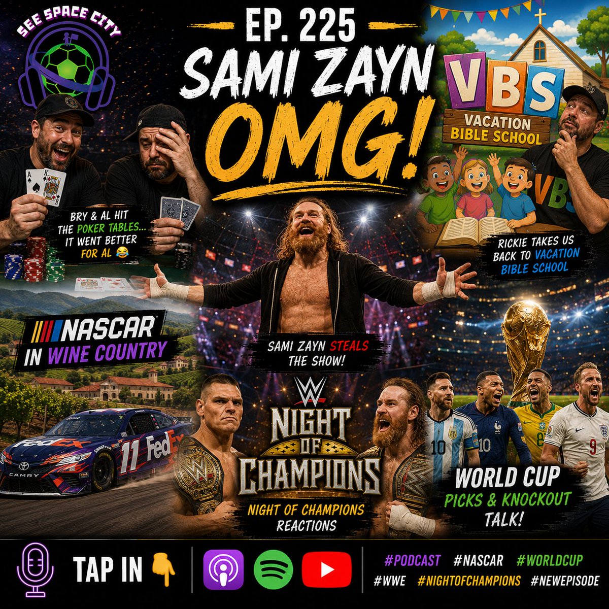 SpaceCityRE's tweet photo. 🔥 EP. 225 — SAMI ZAYN OMG! 🔥

🃏 @this_those &amp; @Alan13_GTO_ hit the poker tables, Al snuck one in 
⛪ Rickie takes us back to Vacation Bible School
🏁 #NASCAR in Wine Country
💥 #NightofChampions reactions
⚽ #WorldCup picks &amp; knockout talk

Tap in 👇
https://t.co/K0AhT9BeJR https://t.co/MxEgYGQX1W