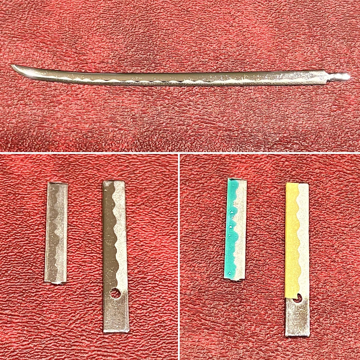 gotzpodman's tweet photo. ステンレス削り出し日本刀の波紋表現をアップデート！
最終研磨後はマスキングゾルは弾かれサンドブラスターの圧でも剥がれるため、波紋状にカットしたマスキングテープが手間の分いい感じに
@hobb_idea さんのSAMURAIに構えさせてみる！

#ファンタジーフィギュアで遊ぼう https://t.co/r2yMS3HMIS