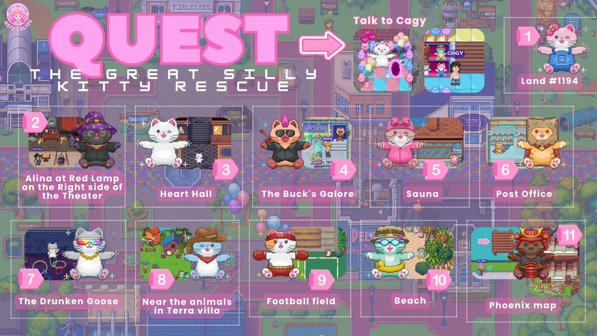 Efe_Calyps's tweet photo. QUEST!  @pixels_online ✖️ Silly Kitties

📅 Ends: July 14 • 3 PM UTC
• Find the 11 lost Silly Kitties 🐈🩷
• Return to NPC Cagy
• Receive 1 Silly Kitty + 1 Ticket 🐱✨
• Deposit your ticket in your region's globe

୨୧ ︶︶ 𔓕
🎟️ Your ticket gives you a chance to win IRL rewards!
🌟Eligible: EU • US/CA • PH
‼️Other regions are not eligible.
୨୧ ︶︶ 𔓕 🫰🩷
#pixels_online #PixelsCreator