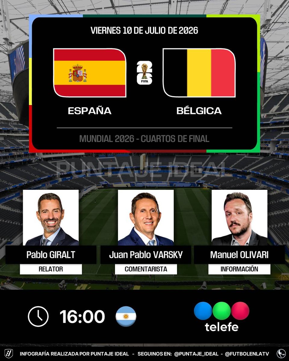 Puntaje_Ideal's tweet photo. โฝ๏ธ #Mundial2026 | ๐ช๐ธ #Espaรฑa vs. #Bรฉlgica ๐ง๐ช
๐๏ธ Relator: @giraltpablo
๐๏ธ Comentarista: Juan Pablo Varsky
๐๏ธ Informaciรณn: @ManuOlivari
๐บ @telefe ๐ฆ๐ท
๐ป๐ฑ #MiTelefe ๐ฆ๐ท
๐คณ #MUNDIALxTELEFE
Dale RT ๐ https://t.co/wjrTLfmg5K