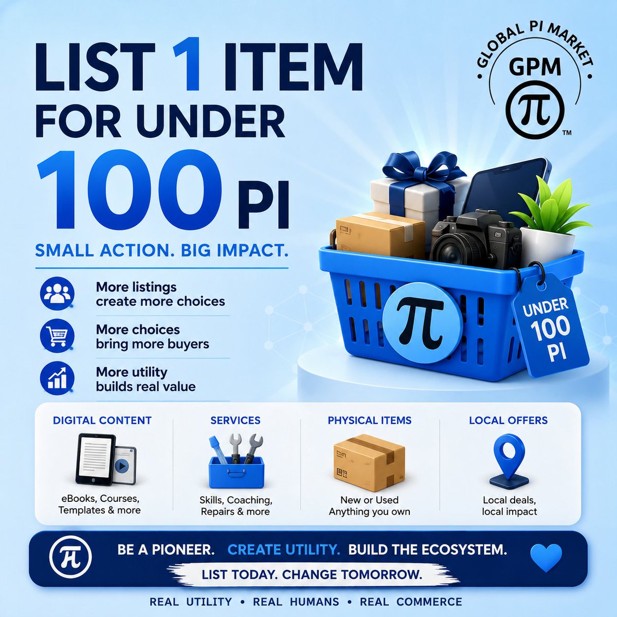 globalpimarket's tweet photo. "The price is dropping. Why should I spend my Pi?"
Because utility isn't built by waiting.
Every successful currency became valuable because people used it to buy goods and services—not because everyone held it forever.
That's why we're launching a simple community initiative:
Every Pioneer: list just ONE item for under 100 Pi.
It could be: 
✅ A digital product 
✅ A local service 
✅ Something you no longer use 
✅ A handmade item
Small, affordable transactions are how real economies begin.
If merchants adjust their prices as the market changes, buyers can decide what their Pi is worth to them.
Don't wait for utility. Create it.
List one item. Buy one item. Keep Pi moving. 🙏
#PiNetwork #PiUtility #GlobalPiMarket #Web3 #List1Item