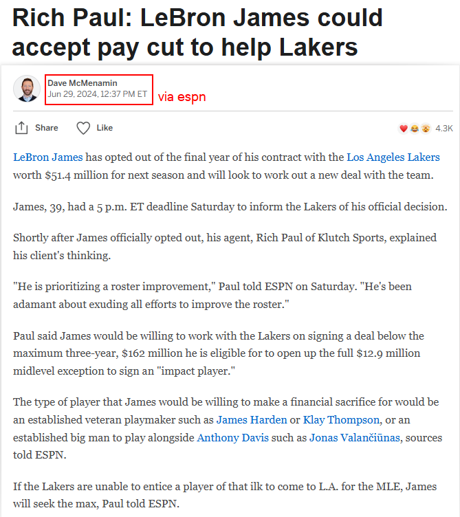 JDeeperLook's tweet photo. He did.

In 2024, ESPN reported that LeBron was willing to take a pay cut to help the Lakers add Harden, Klay Thompson, or Jonas Valančiūnas.

The problem is not that he never offered. The problem is the Lakers didn’t get those players.

- https://t.co/cPDqQgxQEo