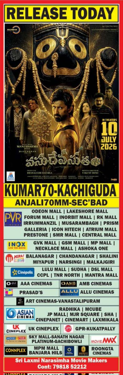 TMSRUpdates's tweet photo. #TMSRUpdates 💥

#VasudevaSutham In Cinema's From Today 💥

Nizam Theatres Chart

@Actor_Mahendran
#Ambikavani #RainBowCinemas
#MimeGopi #VykuntBonu #JohnVijay #DanalaxmiBadarla #ManiSharma #JijjuSunny #Tulasi #UmaDhevi #Ramaraju #Shivannarayana
#MasterYuvvanshKrishnaBadarla https://t.co/9dUCcw7BHT