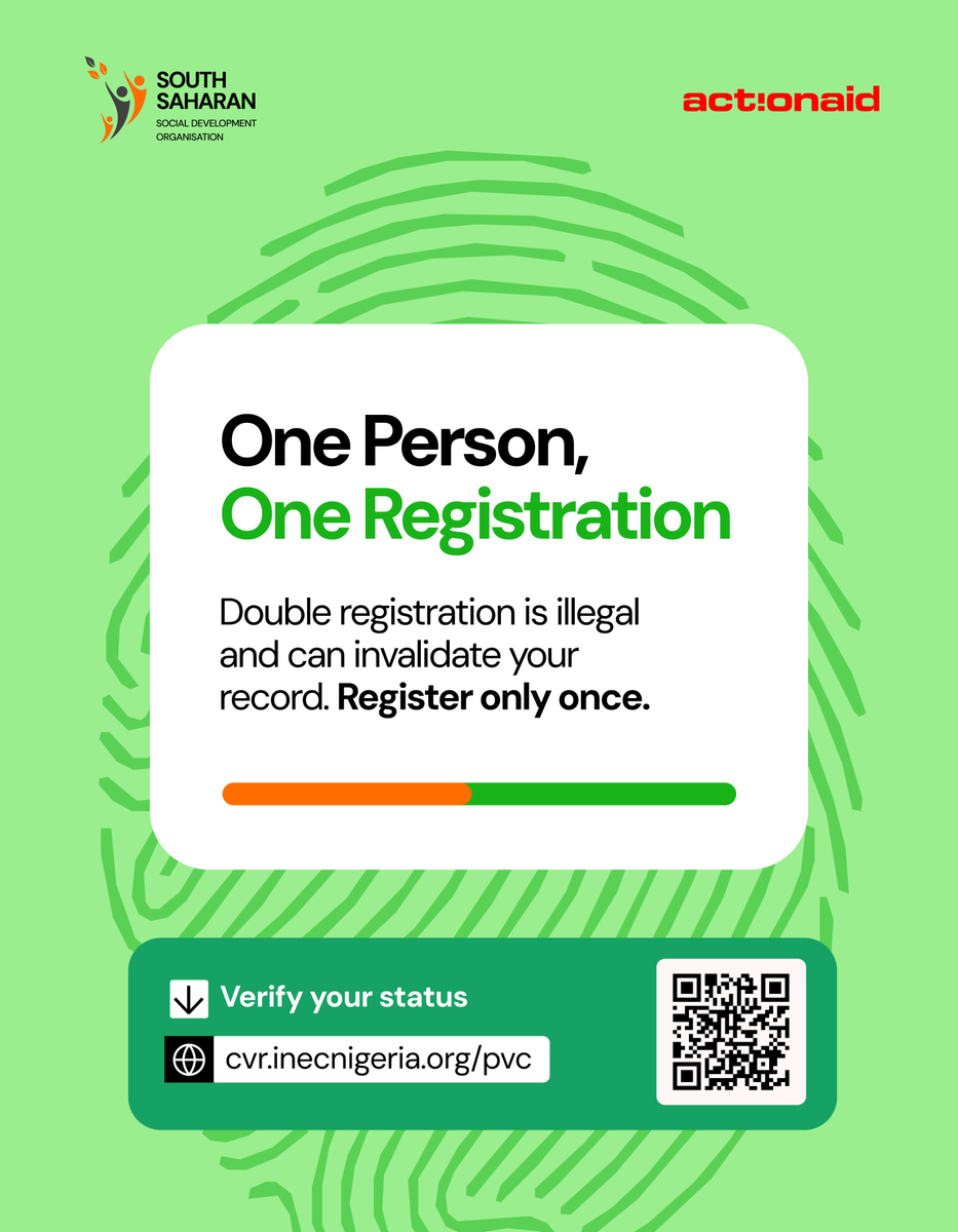southsaharan's tweet photo. One person. One registration.
Double registration is illegal and can invalidate your record.
Register only once. Verify your status now. Scan the QR code.
Click: https://t.co/CZwP4EmSNJ
#PVC #SouthSaharan #NigeriaDecides #GetYourPVC #ActionAid https://t.co/PM4frsvnMJ