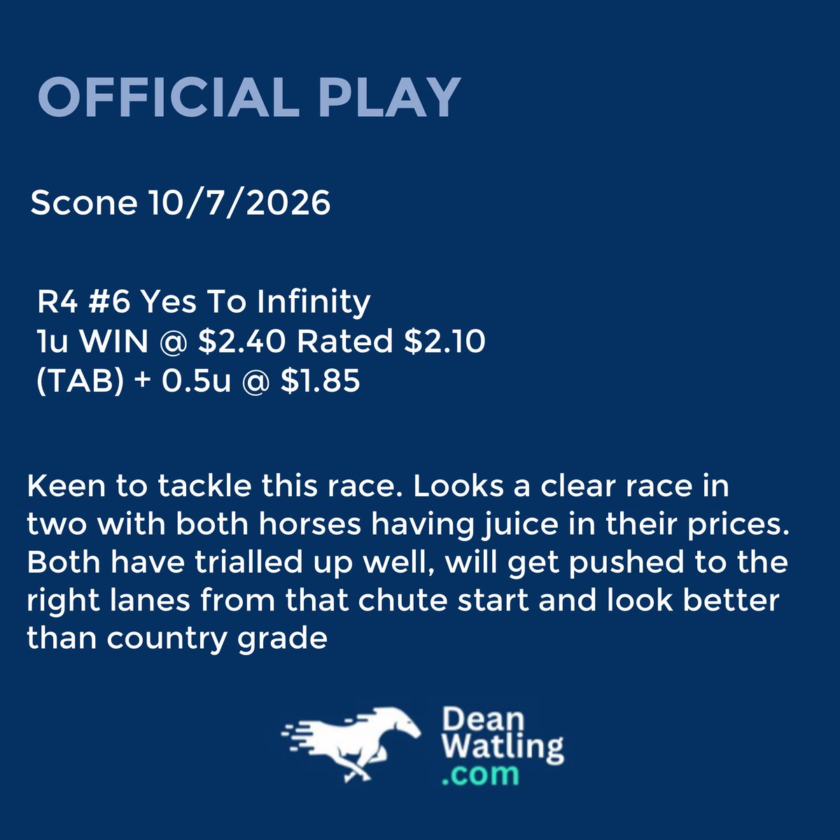 deanwatling's tweet photo. Yes To Infinity backs up some very smart trials to win on debut. 

$2.00 into $1.70 ✅ 

https://t.co/GWwSfmTlVE https://t.co/rbScnqhbJt