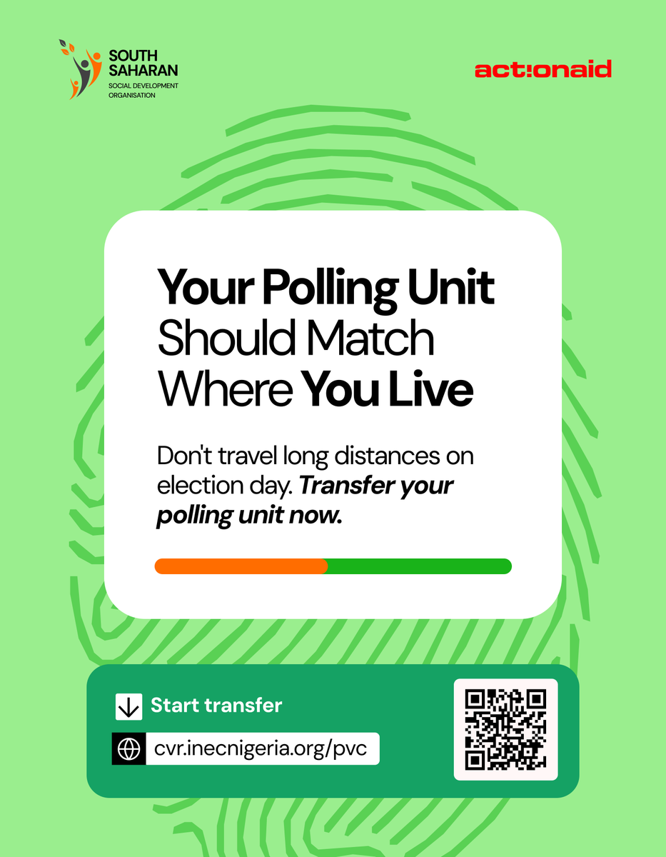 southsaharan's tweet photo. Your polling unit should match where you live.
Don't travel long distances on election day.
Transfer your polling unit now. Start transfer today. Scan the QR code.
Click: https://t.co/uZYUhweAzi
#PVC #SouthSaharan #NigeriaDecides #GetYourPVC #ActionAid https://t.co/JsOc9JruhV